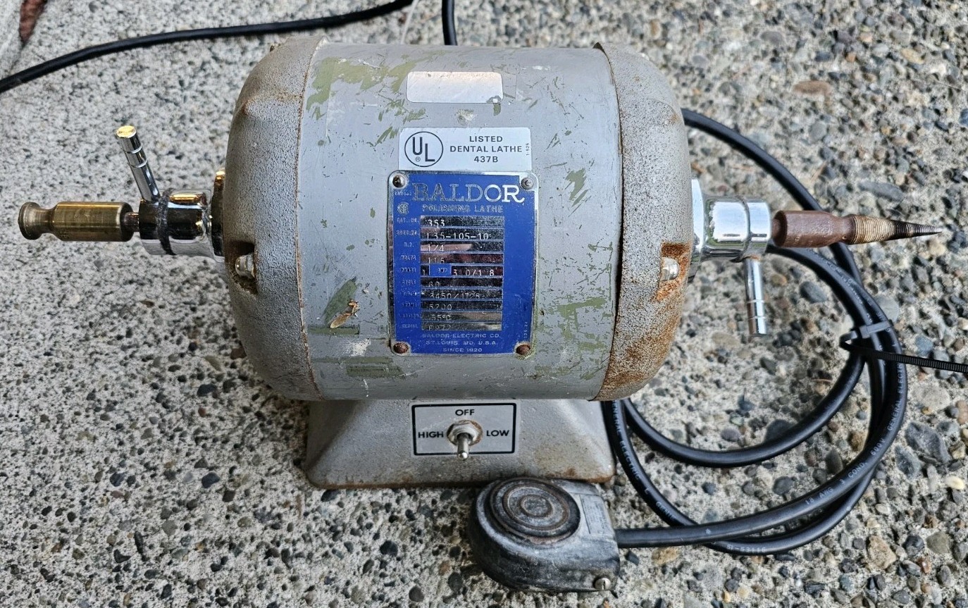 Baldor 353 Dental Polishing Lathe Buffer Motor 1/4HP 2-Speed w/ Chuck Ejector