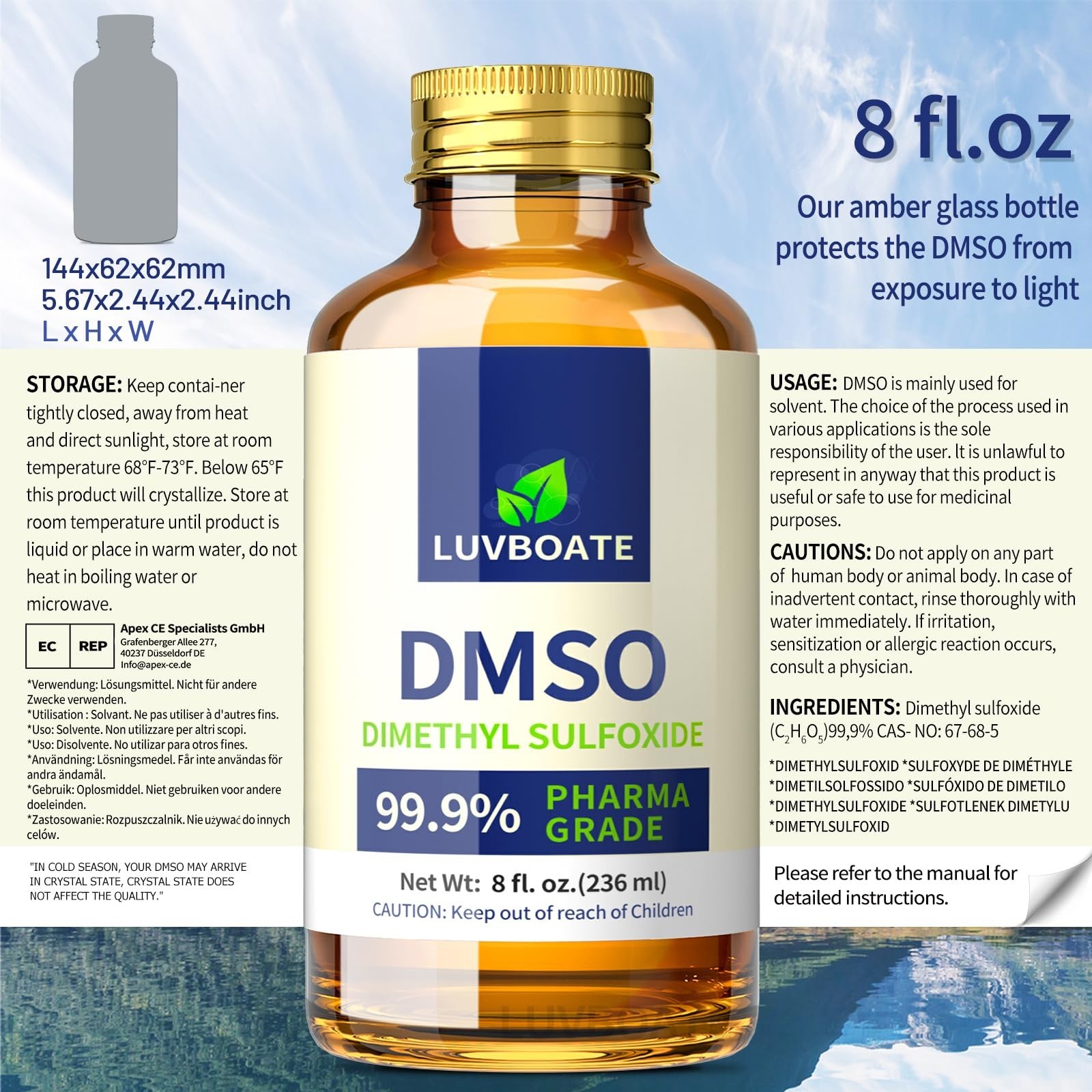 Pure DMSO 99.9% Pharma Grade Liquid – 8 fl. oz Glass Bottle, Non-Diluted, Low Od