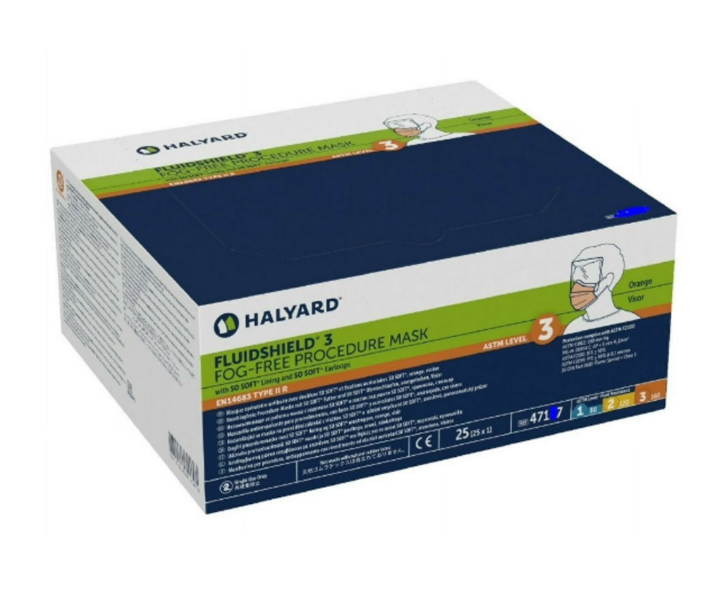 Halyard 47147 Fog-Free FluidShield ASTM Level 3 Procedure Mask Earloops 50-Piece