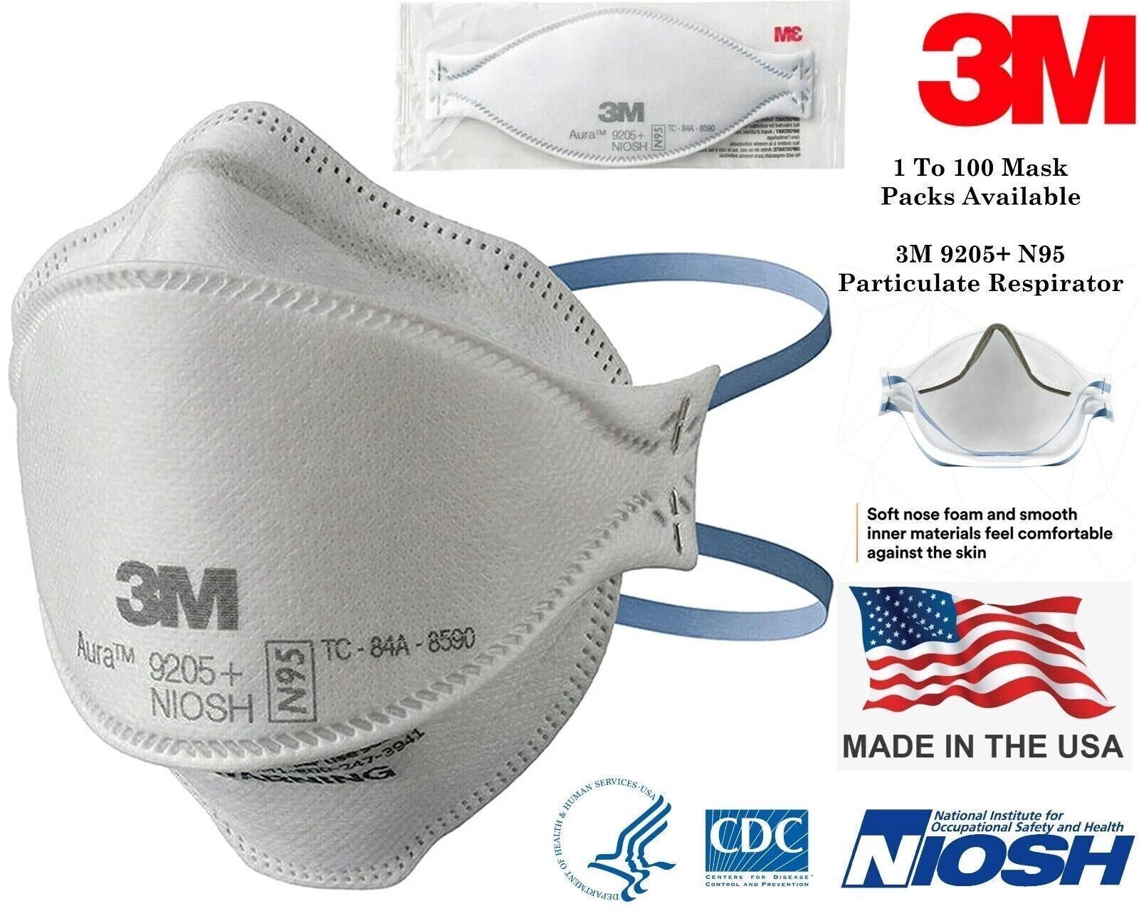 3M 9205+ AURA N95 NIOSH Approved Particulate Respirator Mask Face Masks USA MADE