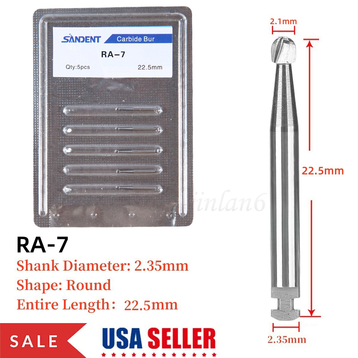 5 pieces Dental 22.5mm Round Carbide Bur Slow Speed Latch Type RA7 Burs USA