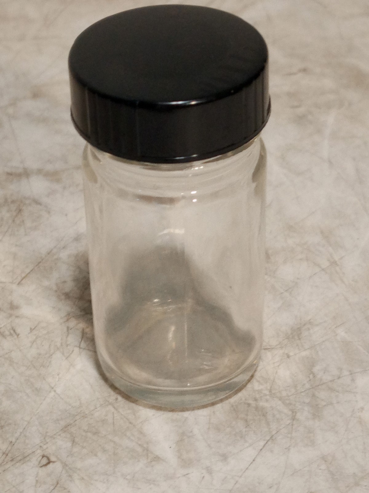 Unbranded Lot of 10 Clear Glass Sample Bottles w Black Caps as shown