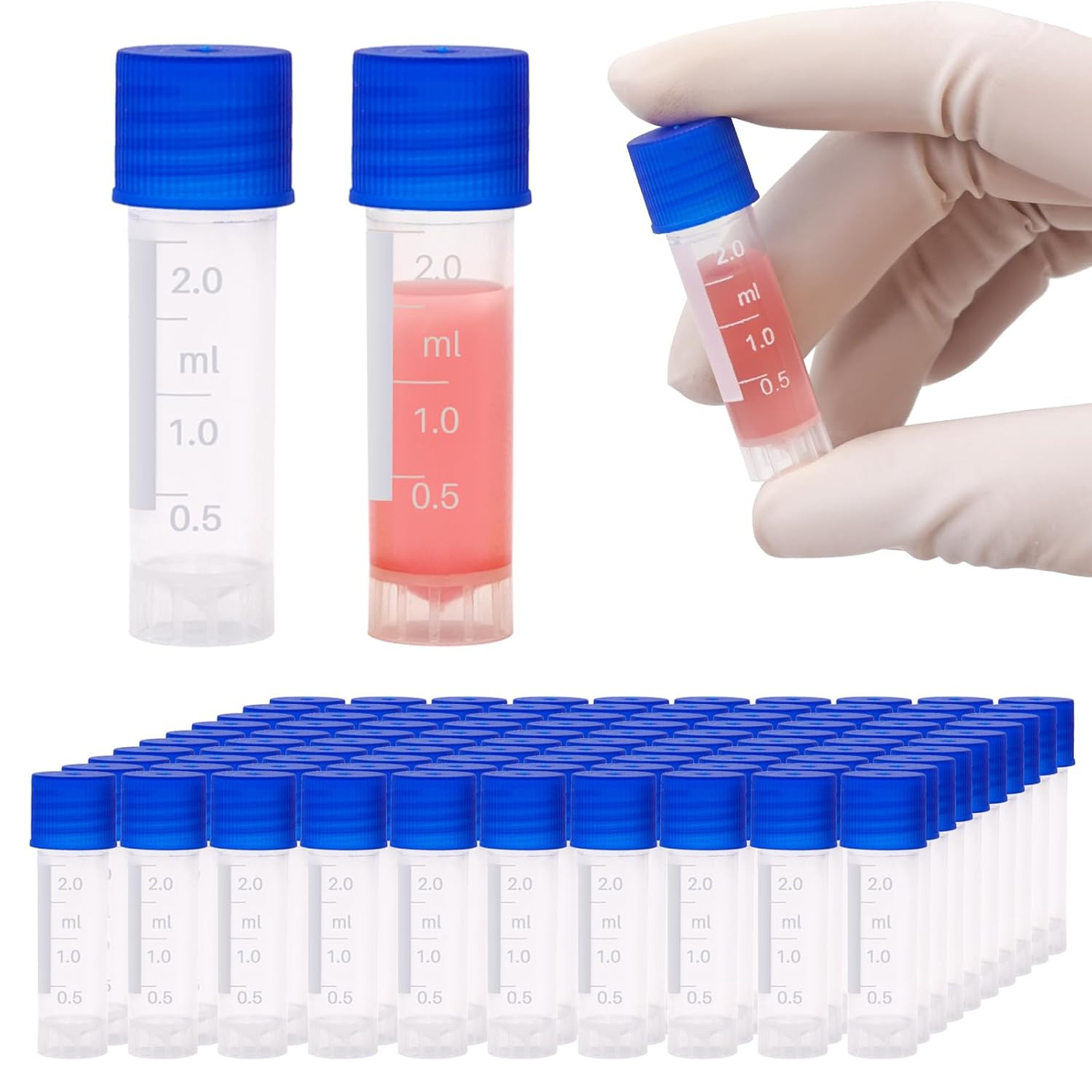 100 Pcs 2Ml Small Vials with Screw Caps Centrifuge Tubes Plastic Sample Tubes Cr
