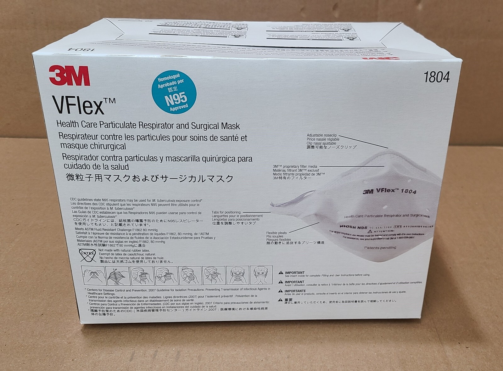 3M VFlex 1804 Particulate Respirator NIOSH N95 Surgical Masks, Box of 50
