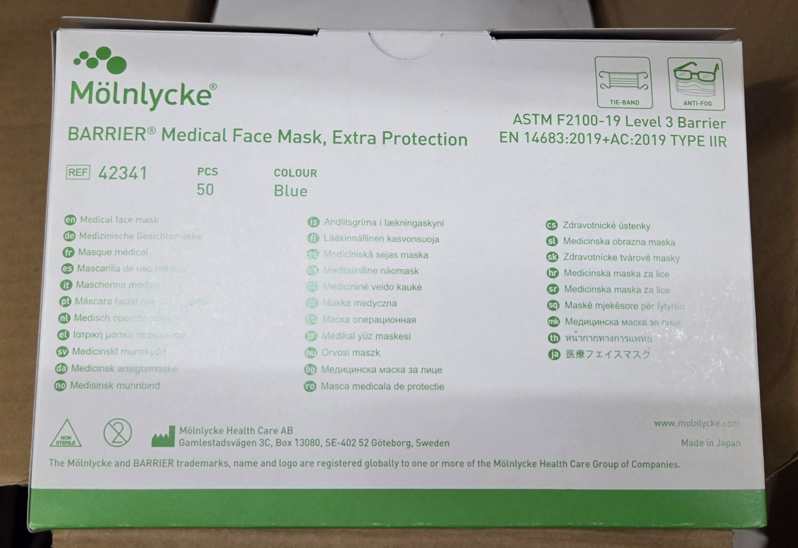 Molnlycke Barrier Medical Face Masks Tie-On Procedure Blue LF Level 3 -50- 42341