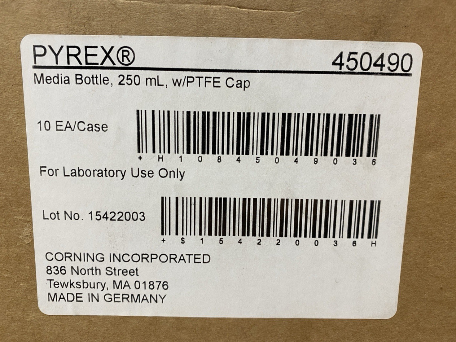 Corning PYREX 250mL Media Bottle 450490 White GL45 Threaded Cap PTFE Liner