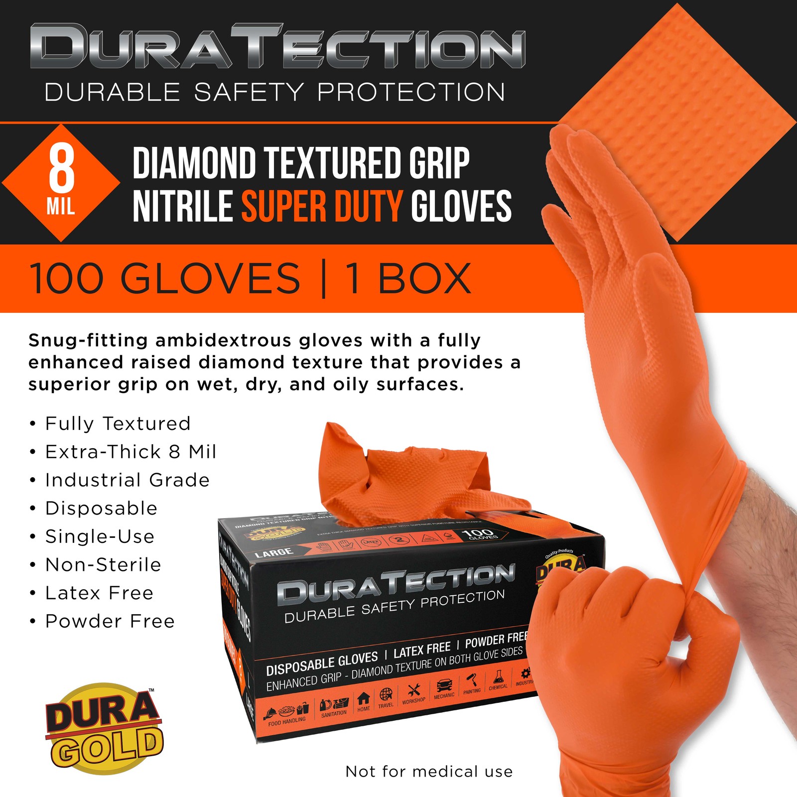 Duratection 8Mil Super Duty Diamond Textured Nitrile Gloves, Box of 100, Large