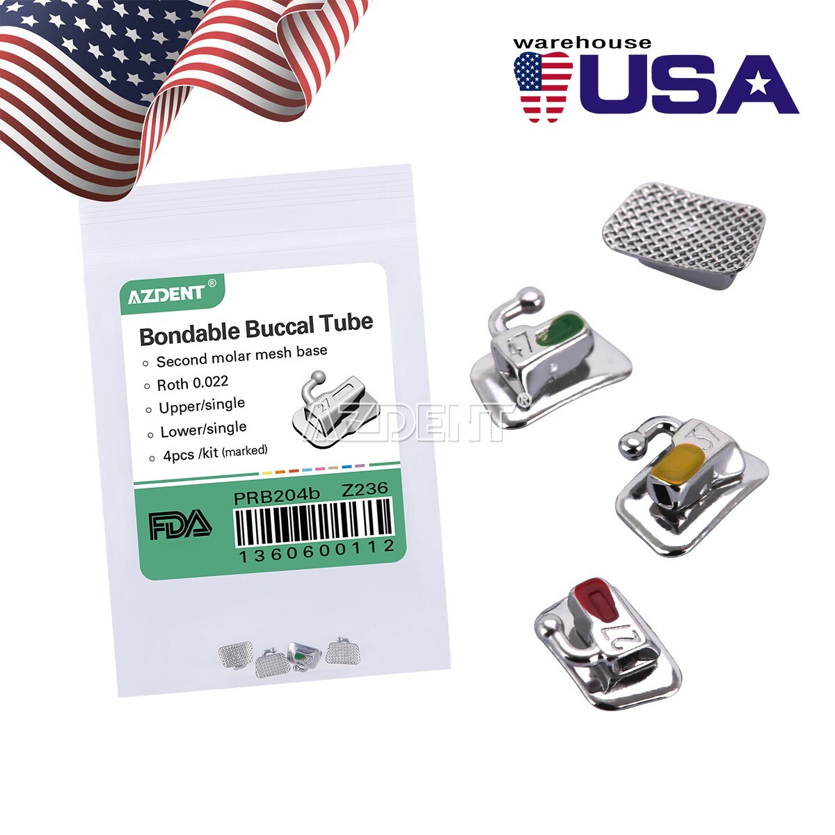 100X AZDENT Dental Orthodontic Buccal Tubes 2nd Molar Bondable Non-Conv Roth.022