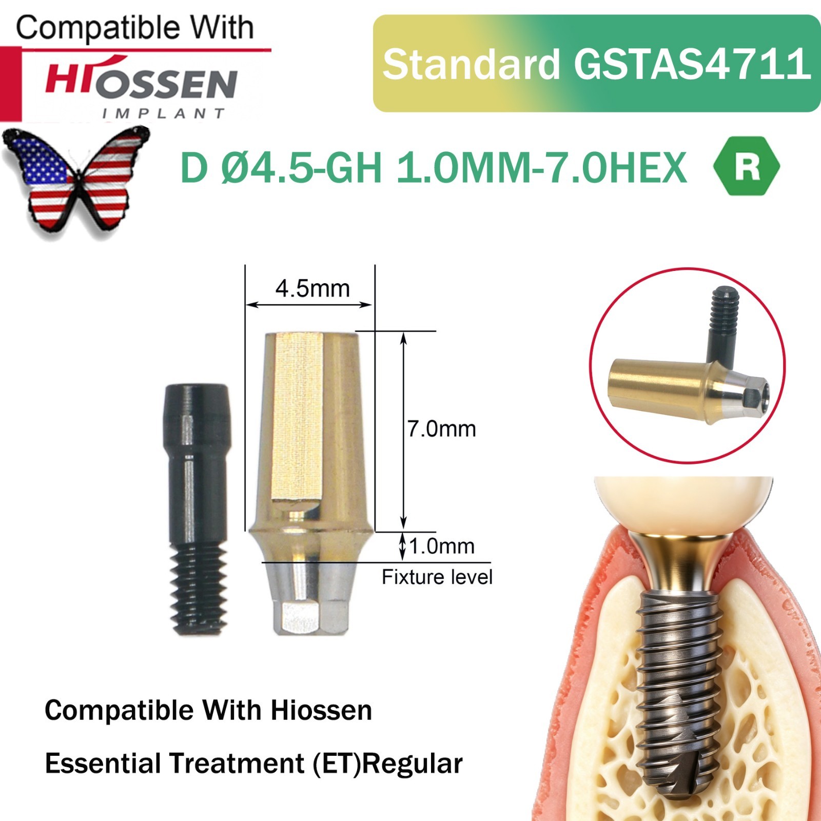 Straight Abutment Fit Osstem Hiossen ET Mini Regular Hex Implant Cement Retained