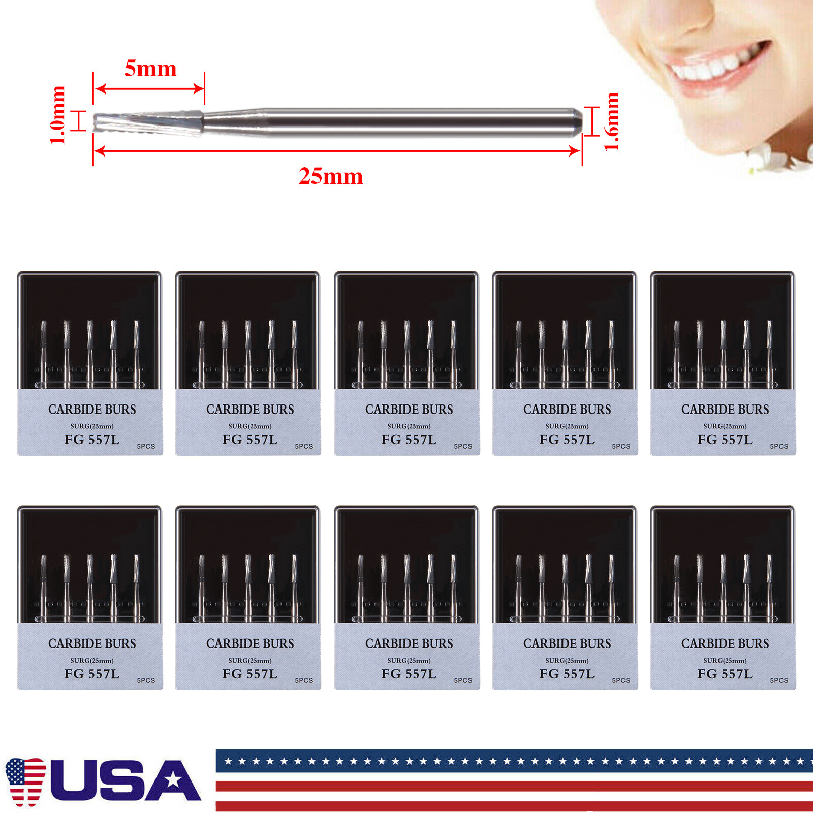 50pcs Dental Surgical Burs Carbide Bur FGOS 557 Straight Fissure FG SURG 25mm