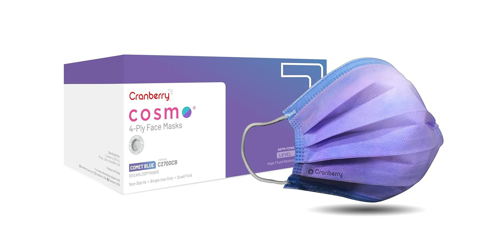 Cosmo Blue Face Masks, Disposable, 4-Ply, Elastic Earloops, Medical & Dental, Le