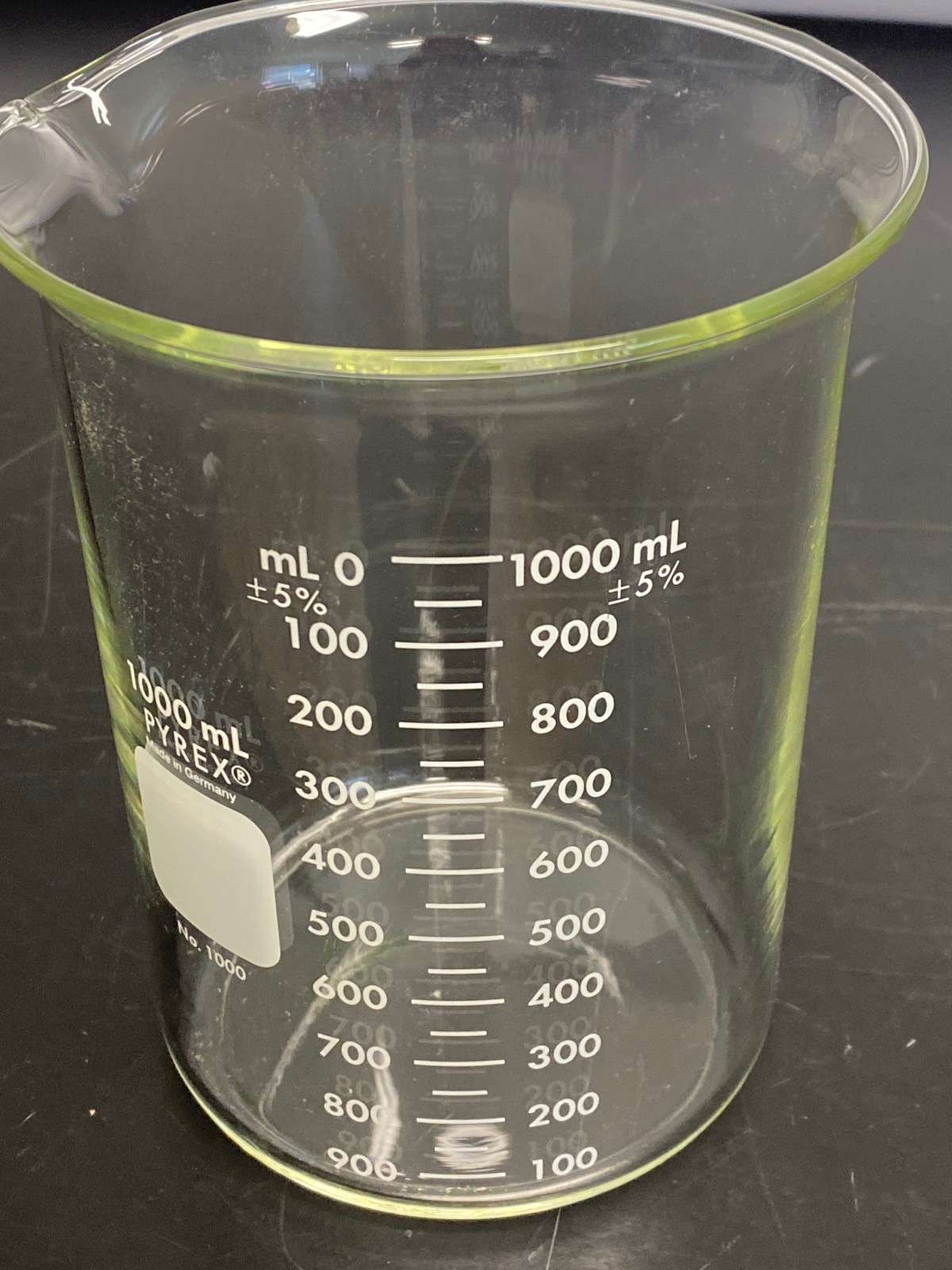 CORNING PYREX Glass 1000mL Dual Scale Graduated Low Form Griffin Beaker 1000-1L