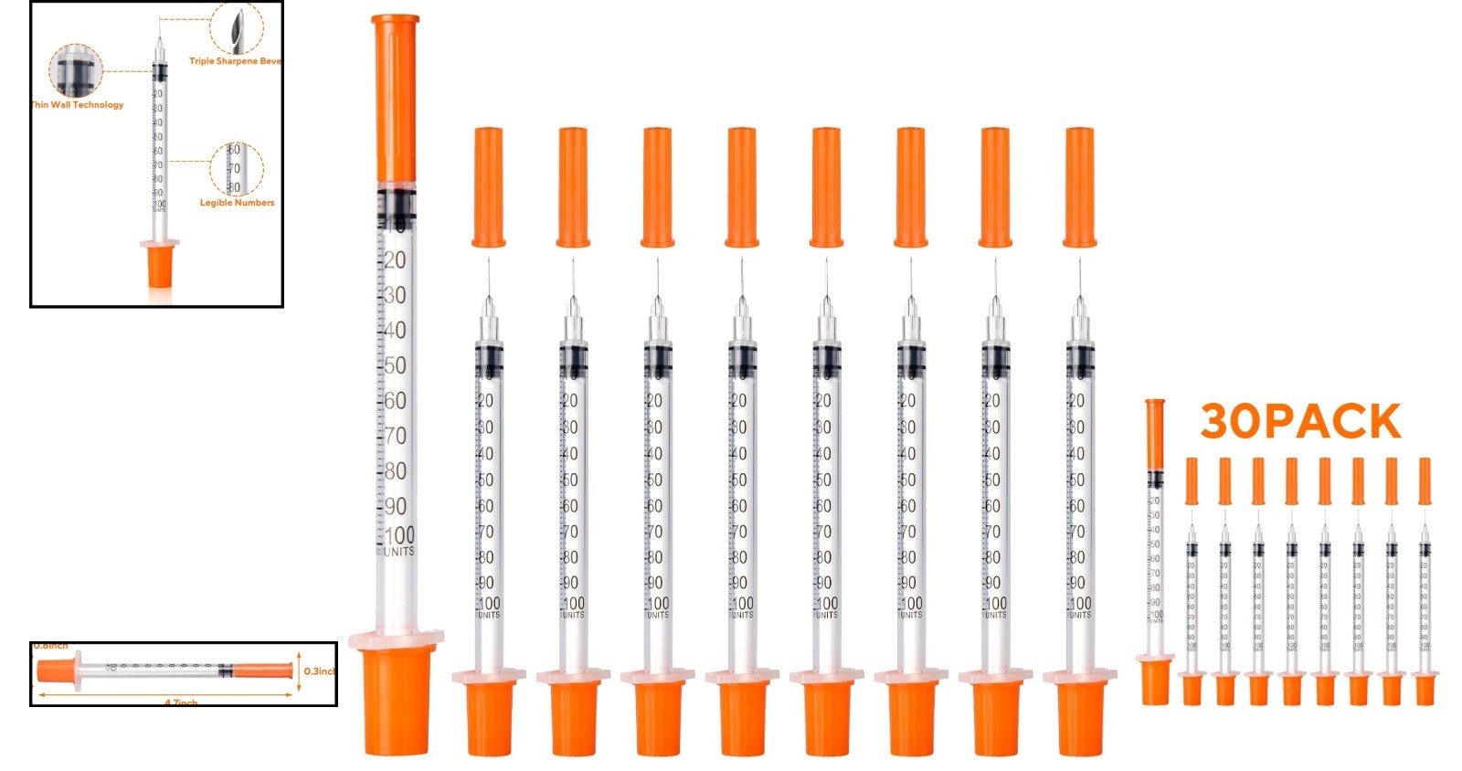 30 Count U-100 Syringes 30G 5/16″ 1ml – Clear Markings and Individually Packaged
