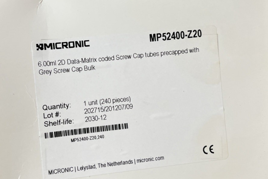 NEW SEALED – MICRONIC MP52400-Z20 PRECAPPED 6.0mL tubes, 240 tubes, EXP: 12/2030