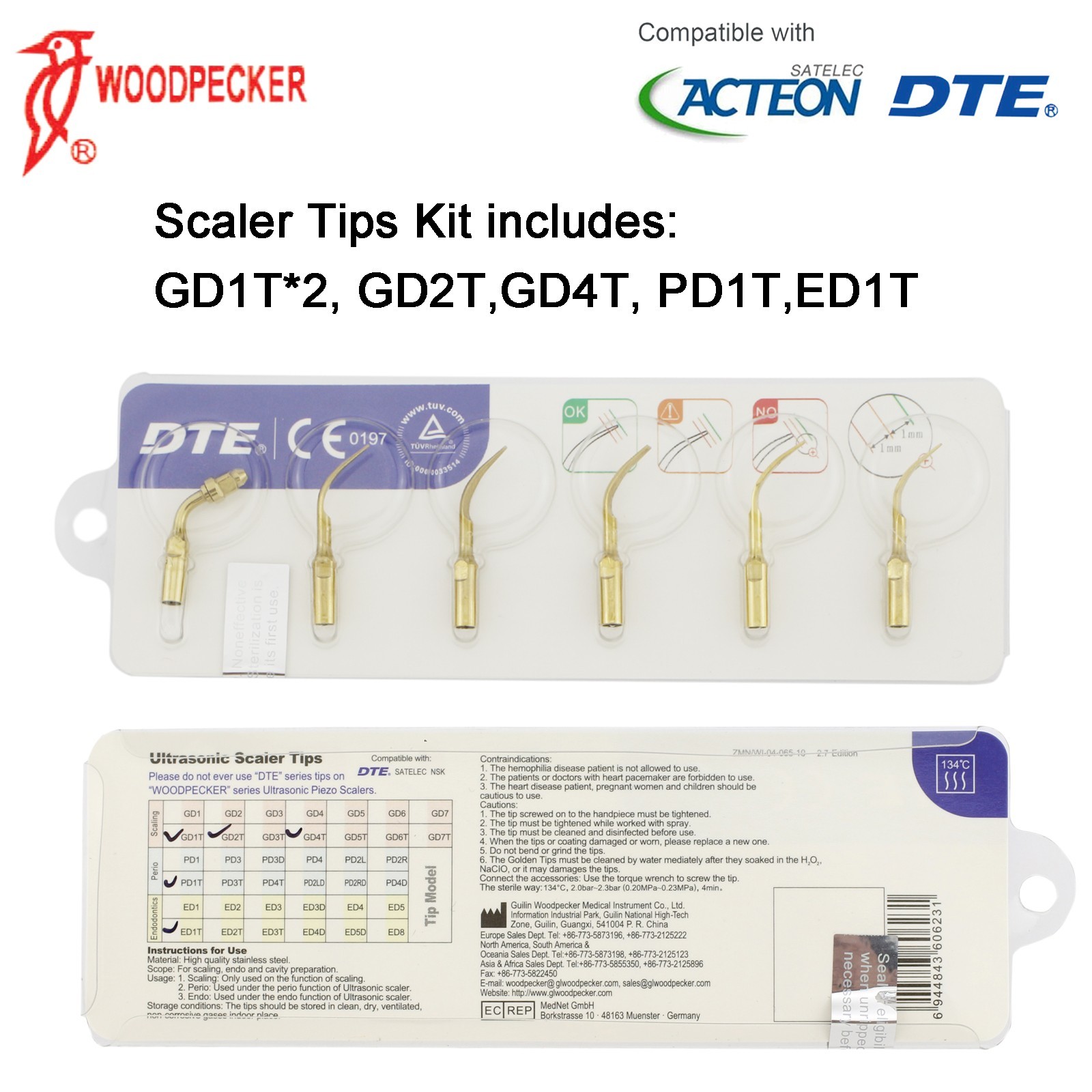 Newtron LED Scaler Handpiece F12609 Woodpecker Piezo Tips GD1 fit Acteon Satelec