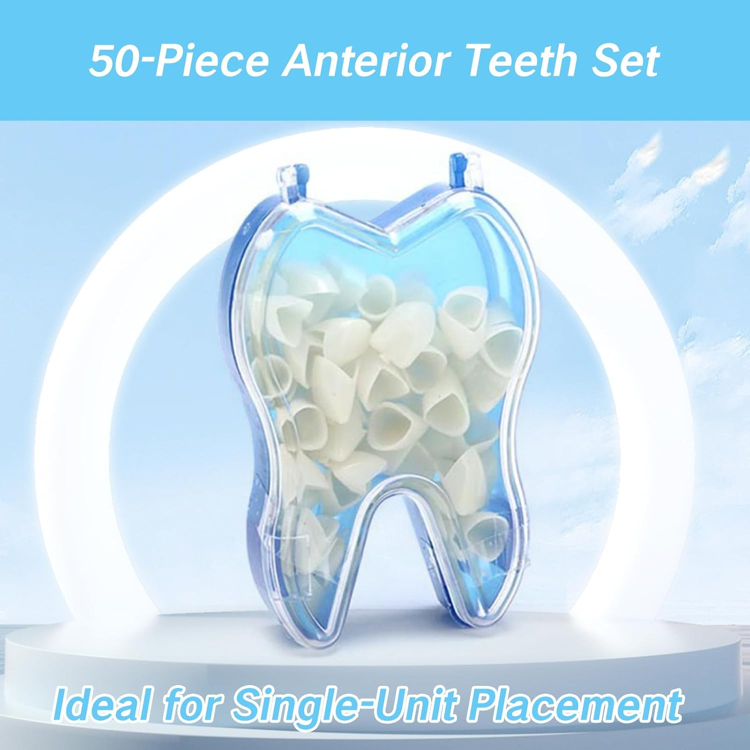 50 Pcs Tooth Caps for Broken Tooth Mixed Sizes Dental Temporary Crown Kit Front