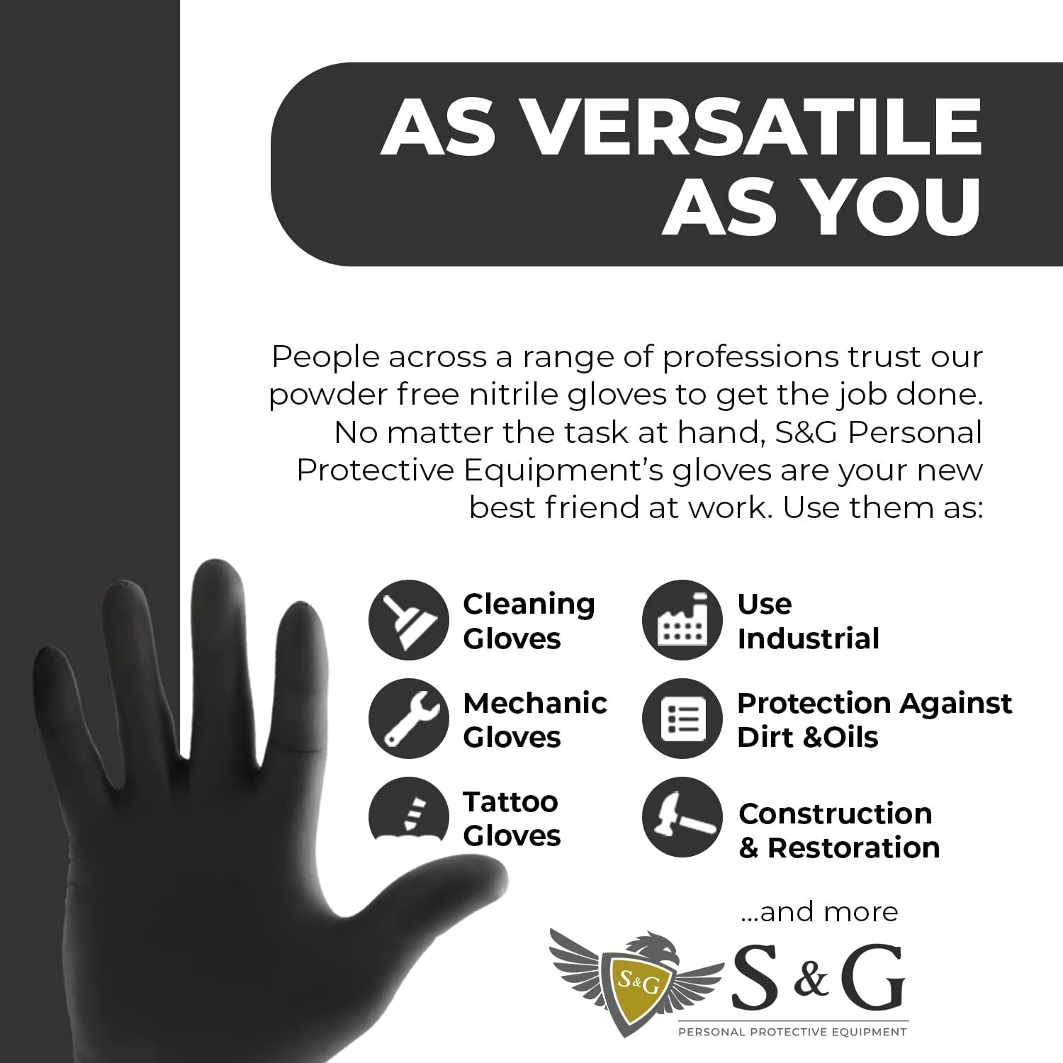 S&G Black Nitrile Gloves Latex Powder Free 5 Mil 2x100pcs 1000pcs M/L/XL