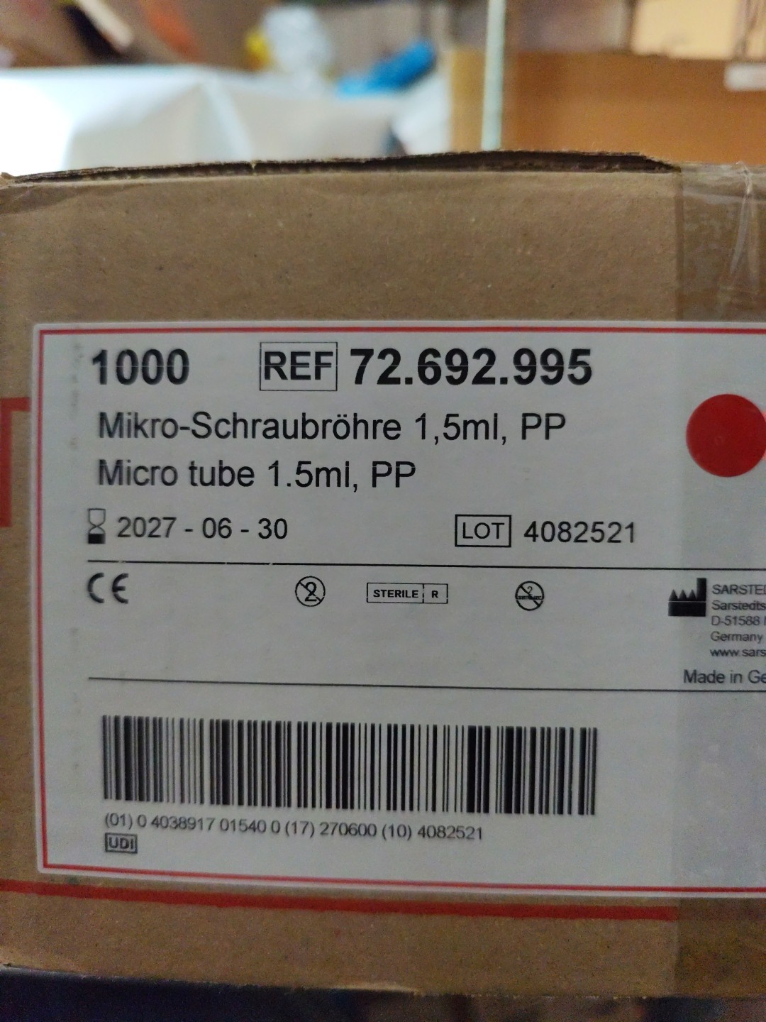 Sarstedt Screw cap micro tube, 1.5 ml, sterile 72.692.995 New Cs Of 1000 Exp2027