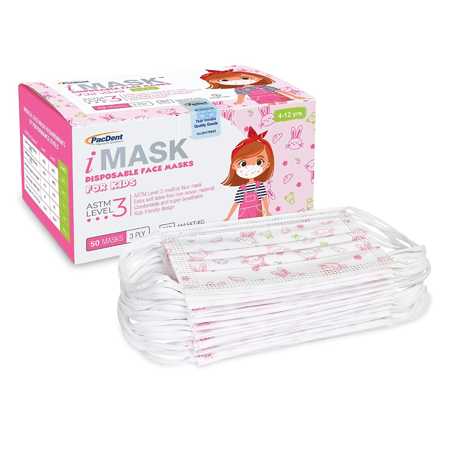 50 Pcs 3Ply iMask Pink Kid Earloop Face Mask ASTM Level 3 Non-woven BFE&PFE ≥98%