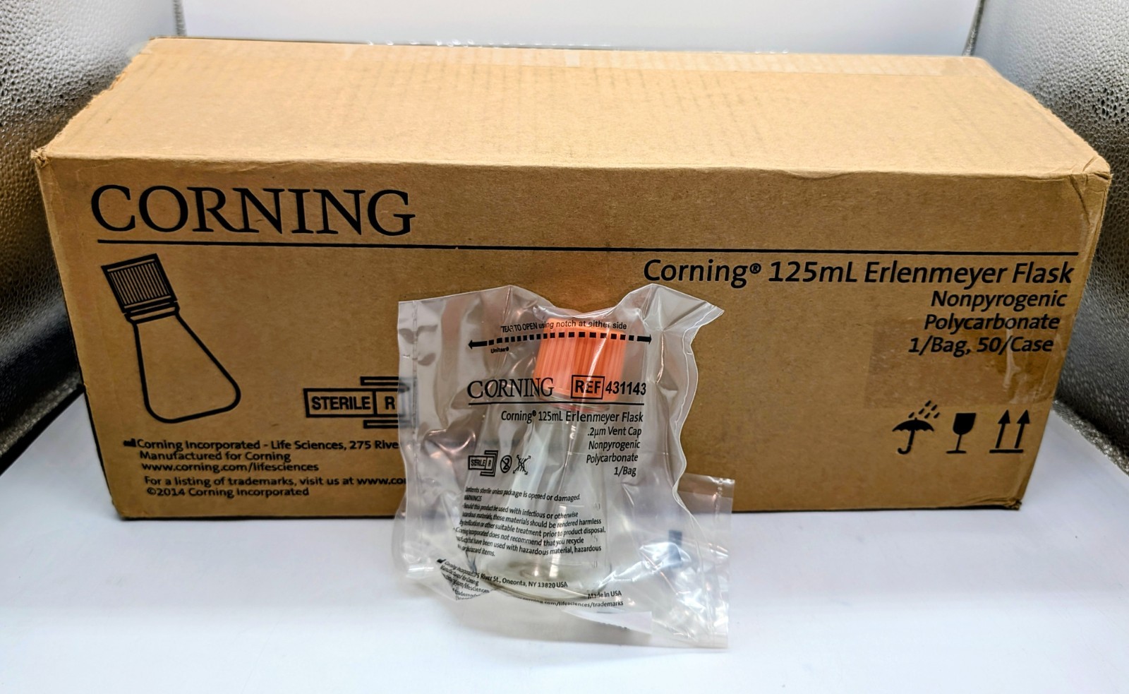 New Case of 50 Corning 125ML Polycarbonate Erlenmeyer Flask w/ Vent Cap 431143