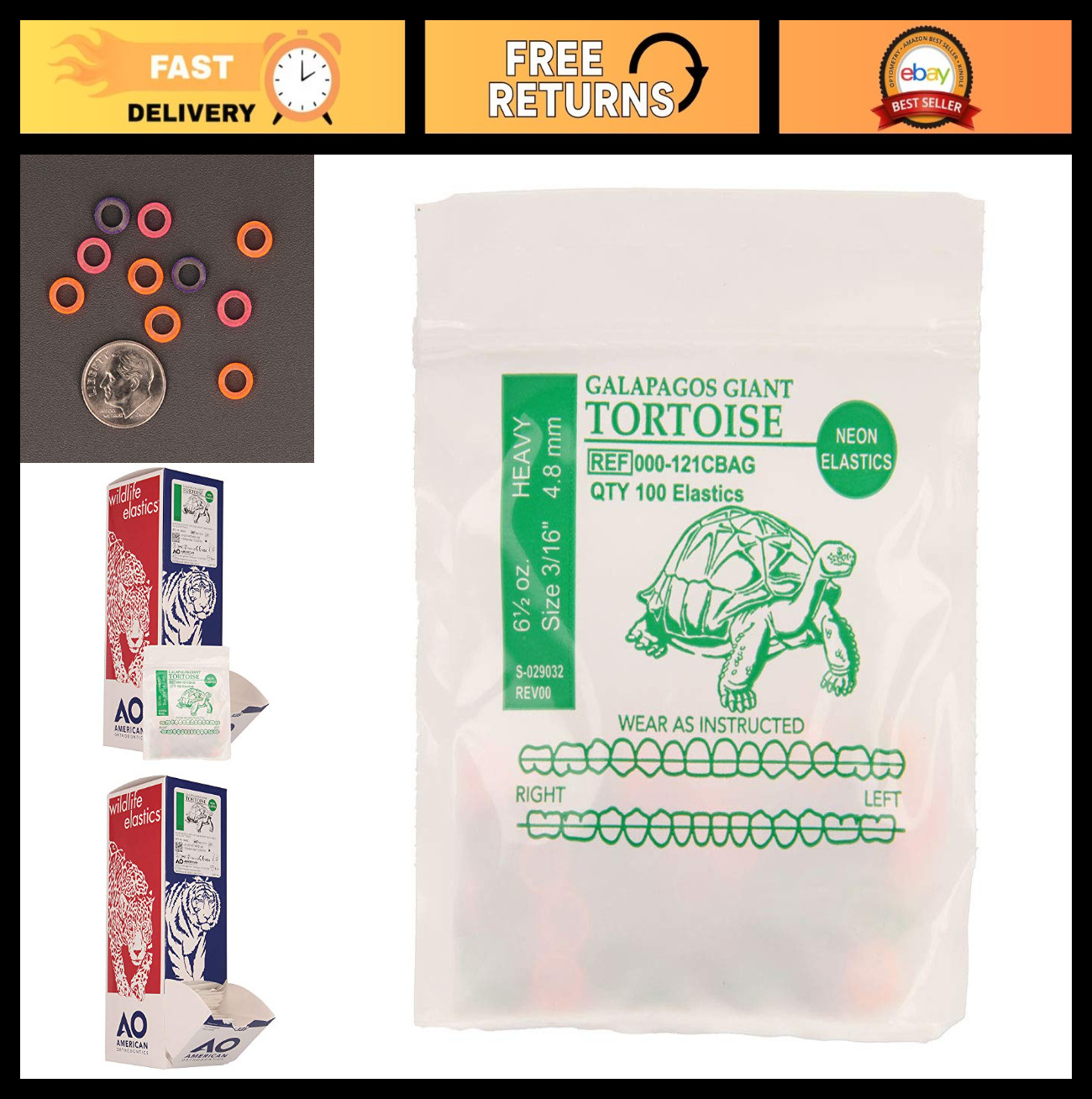 Elastics for Orthodontics – Assorted Neon Tortoise, Heavy 6.5oz, 75 Packs, USA M