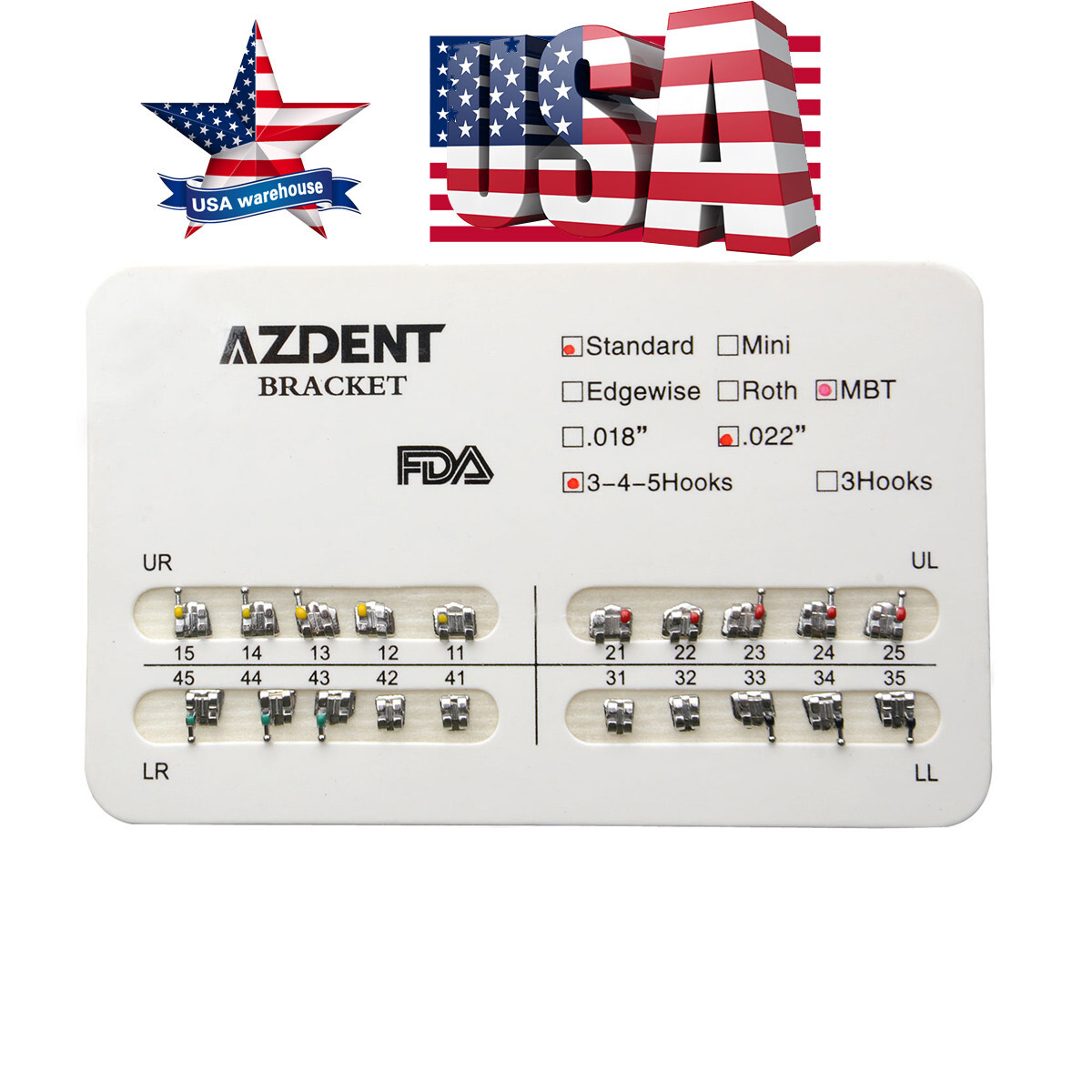 AZDENT Dental Orthodontic Bracket Braces Standard MBT Slot .022 Hooks 3-4-5