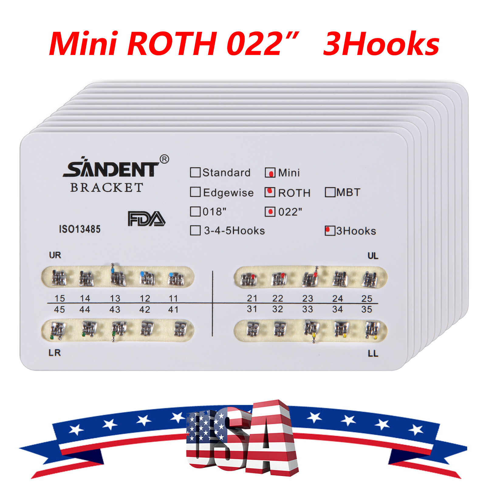200Pcs Dental Orthodontic Braces Bracket Mini Roth 022″Slot 3 Hooks 10 Packs