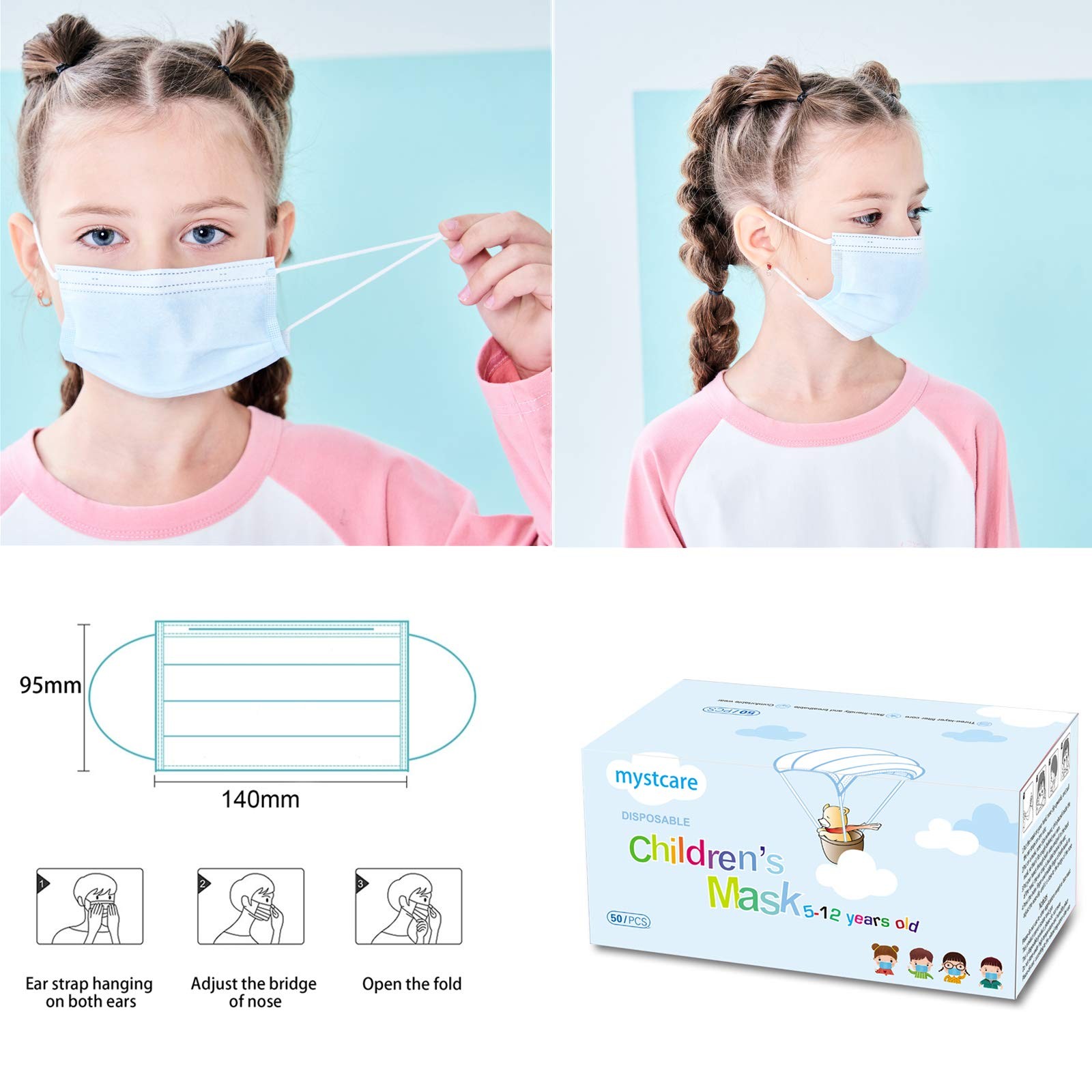Kids Disposable Face Mask 50 Pack 3-Layer Filter Ages 5-12 Blue