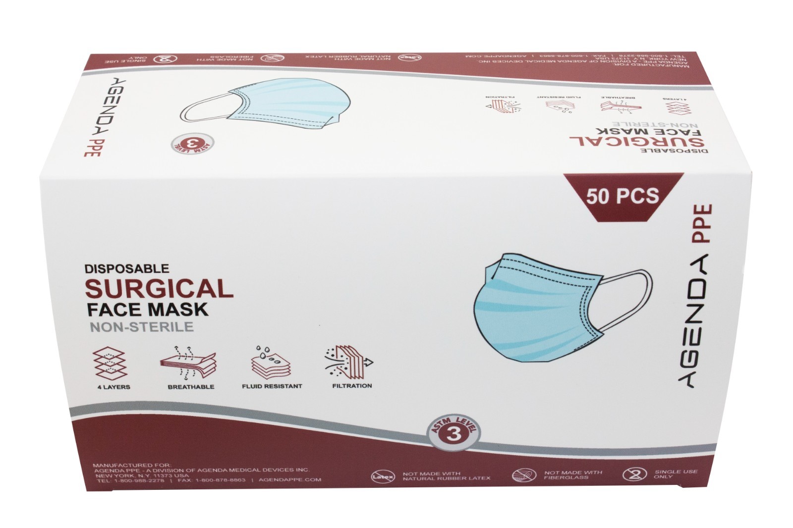 Agenda PPE – Level 3 ASTM Disposable Face Masks Blue 3 Ply Earloop – 600pcs