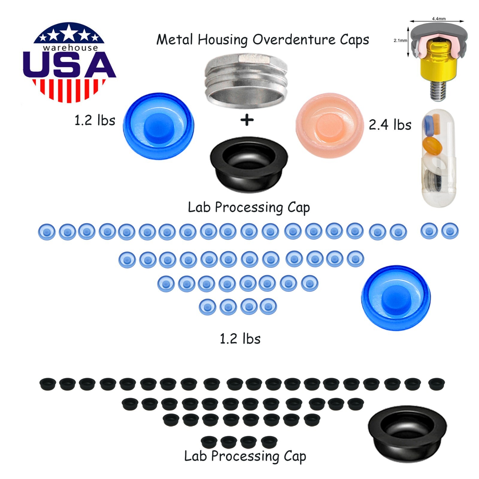 US Overdenture Retention Cap Kit 0.8/1.2/2.4lbs PEEK Material Locator Abutment