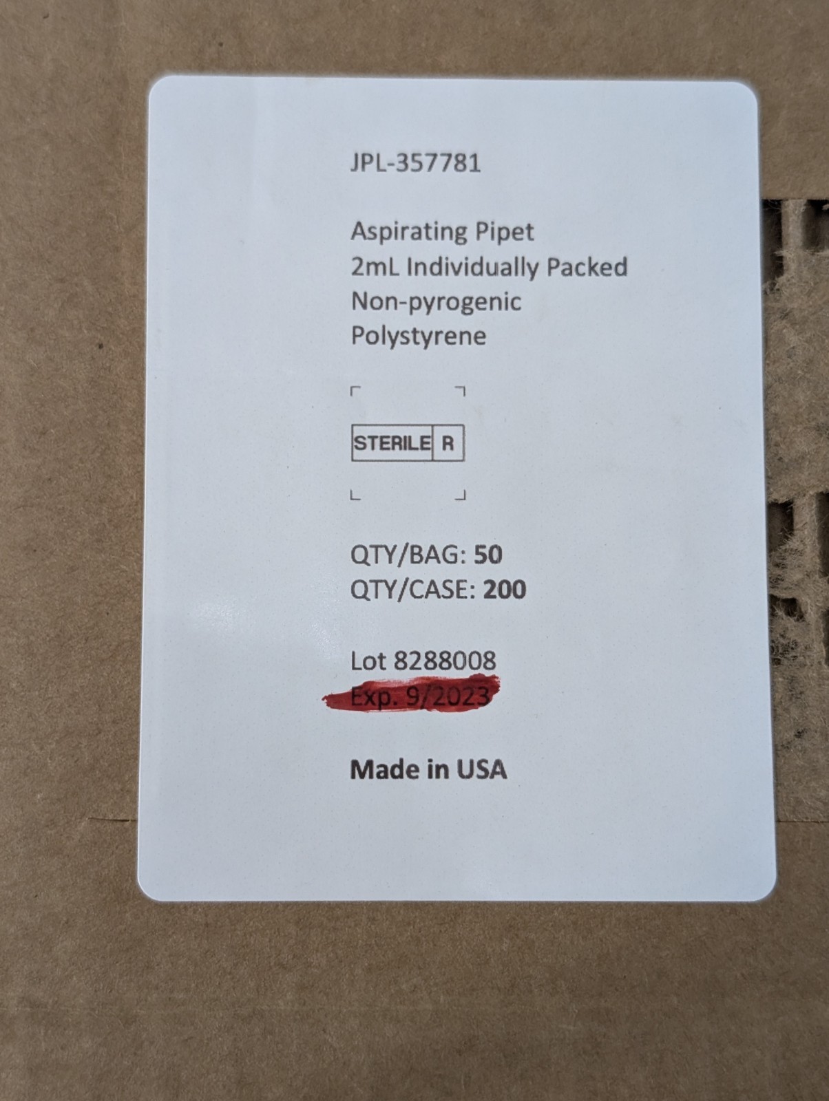 2mL Aspirating Pipets Sterile Polystyrene Individually Wrapped 200ct EXP 09/2023