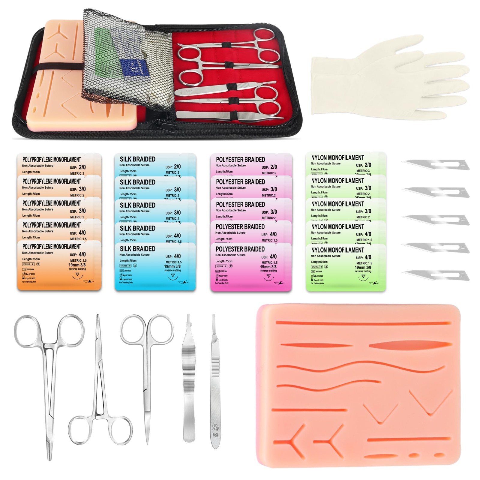 Suture Practice Kit – 240g Silicone Pad, 20 Assorted Sutures, Reusable Tools, 14