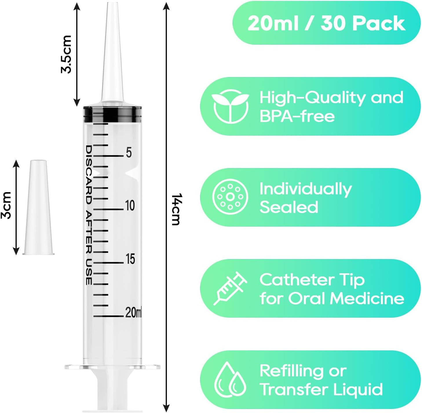30 Pack 20Ml Syringes, Plastic Syringes with Catheter Tip and Cap, Individually