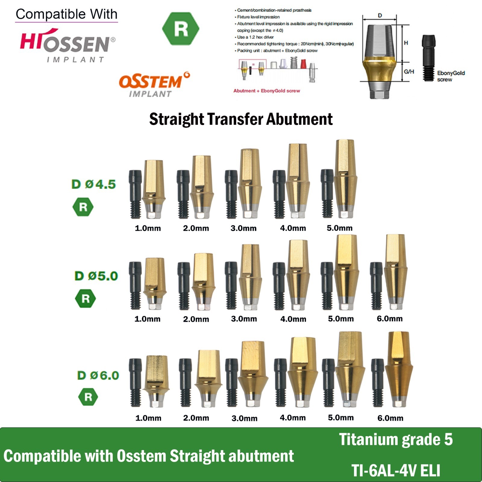 US Titanium Straight Abutment Hex For Hiossen ET Osstem TS Mini Regular Platform