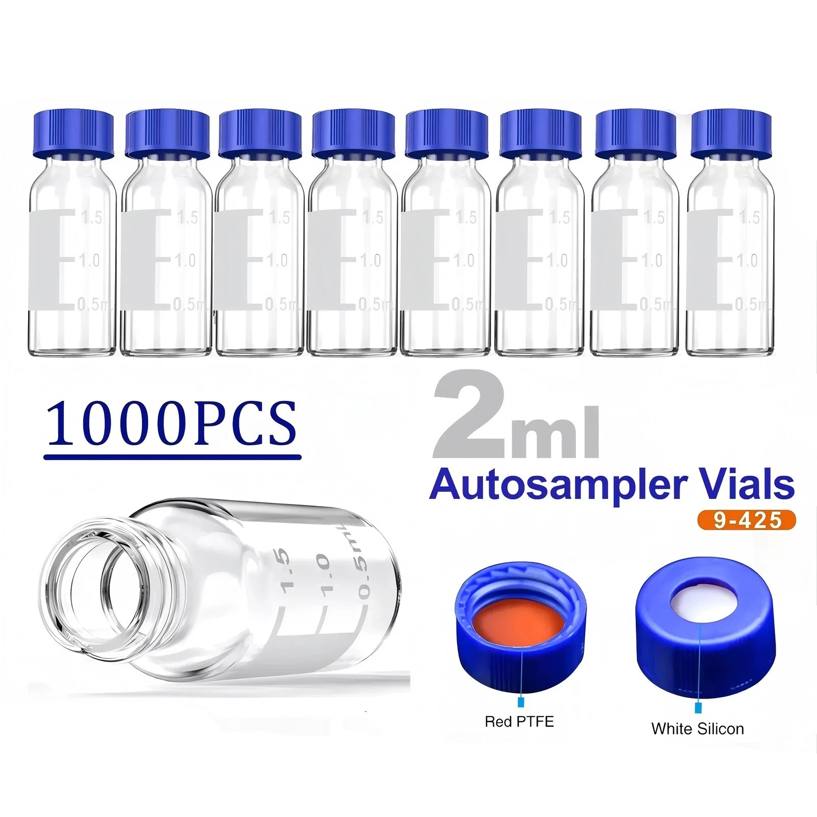 1000Pcs 2ml Autosampler Vial Glass Sample vials Lab Vial HPLC GC w/ Screw Caps