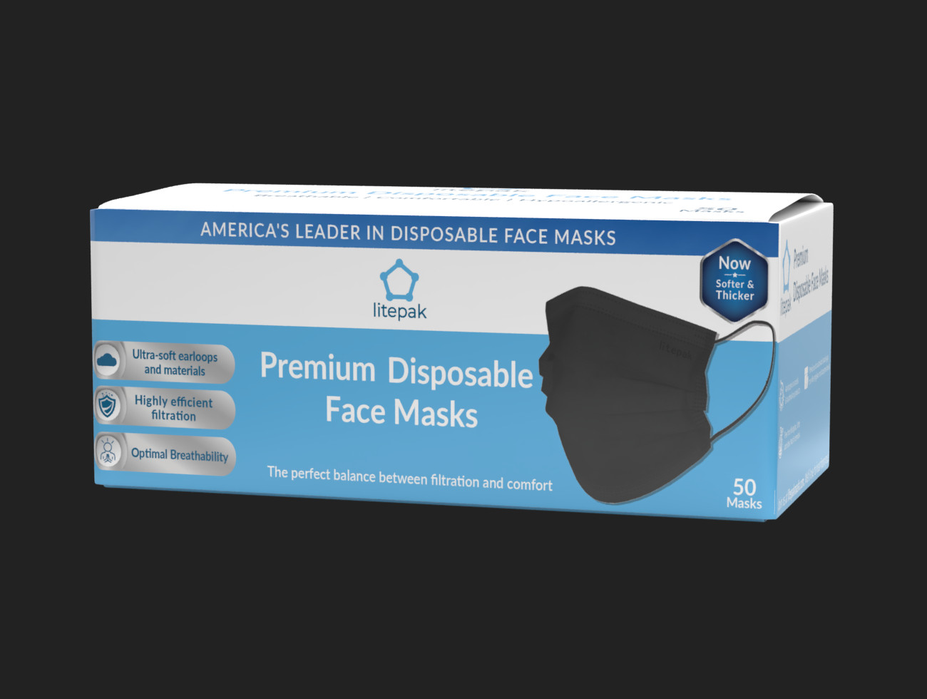 50pcs Litepak Black Disposable Face Mask SOFT 3-Ply Premium Mouth Cover USA
