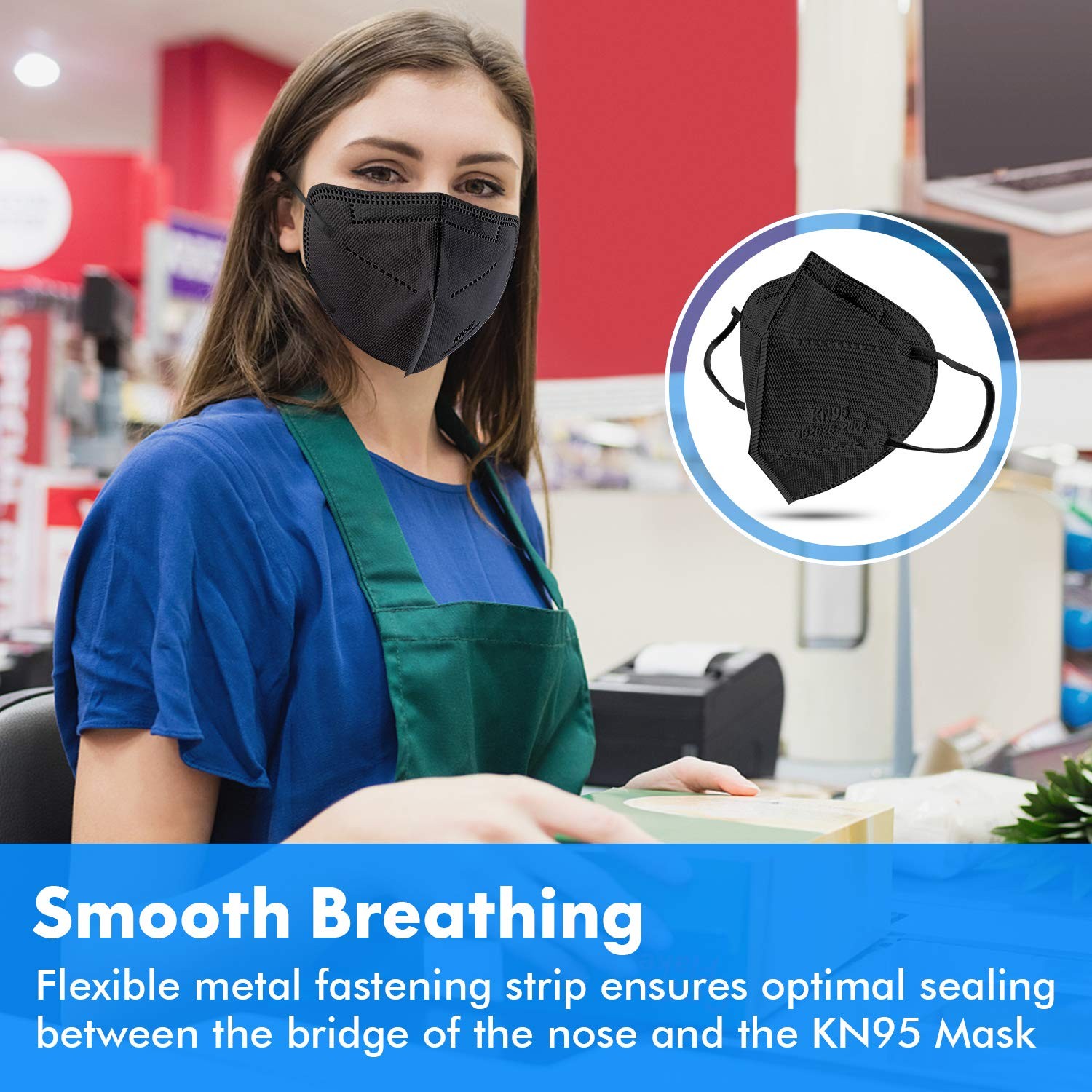 Enlove KN95 Face Mask Black 50 Pack, 5Layer Filter Efficiency≥95% Face Masks