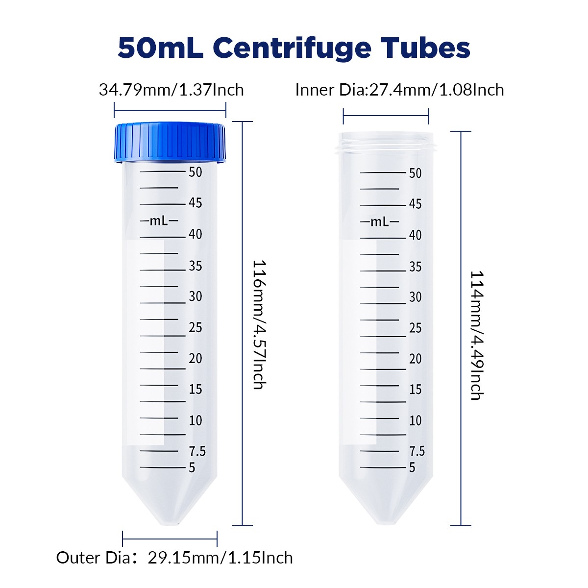 50mL Conical Centrifuge Test Tubes,Sterile,w/Screw Caps Graduated Write-on Spot