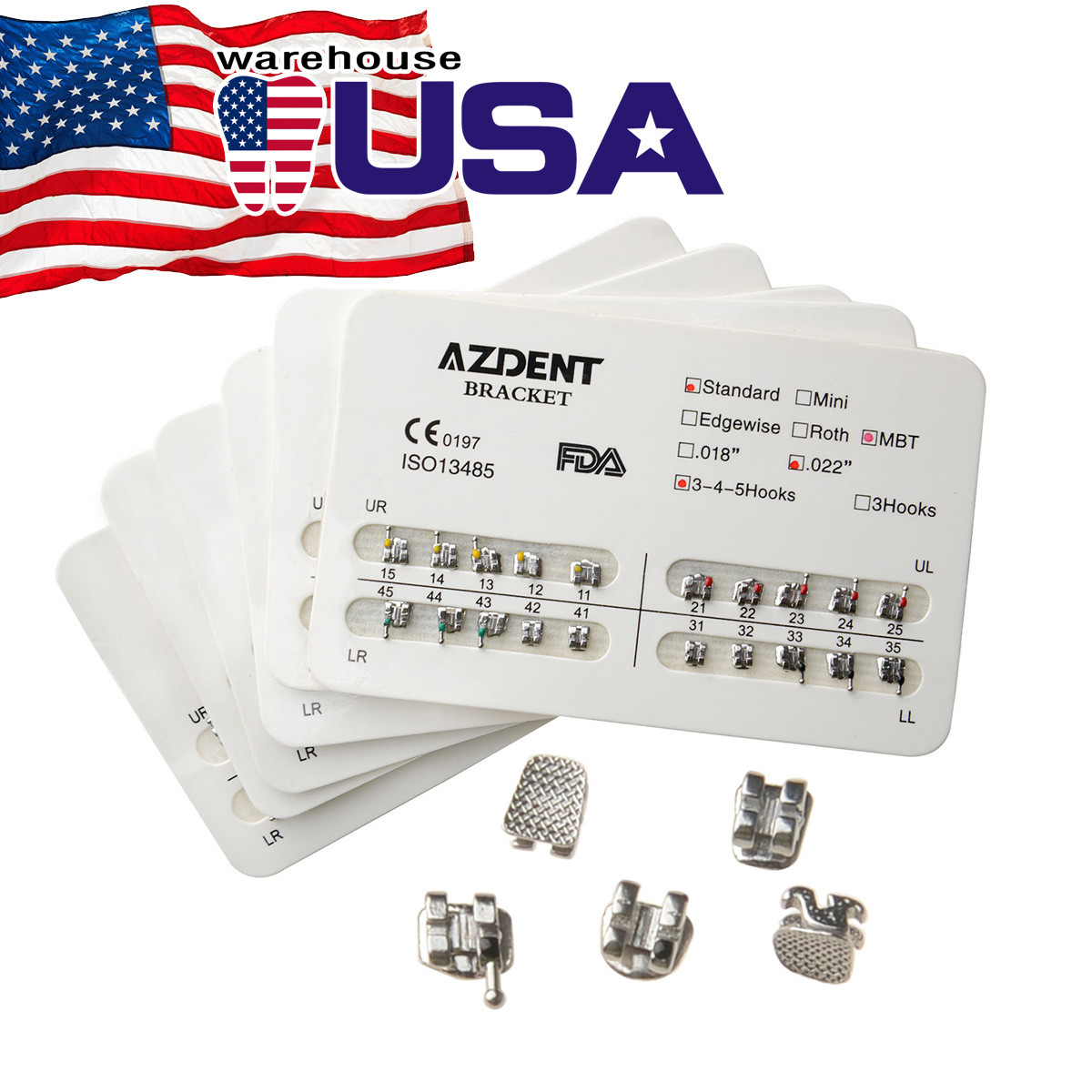 AZDENT Dental Orthodontic Bracket Braces Standard MBT Slot .022 Hooks 3-4-5