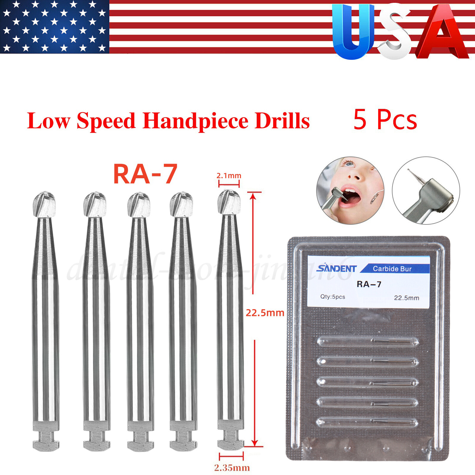 5 pieces Dental 22.5mm Round Carbide Bur Slow Speed Latch Type RA7 Burs USA