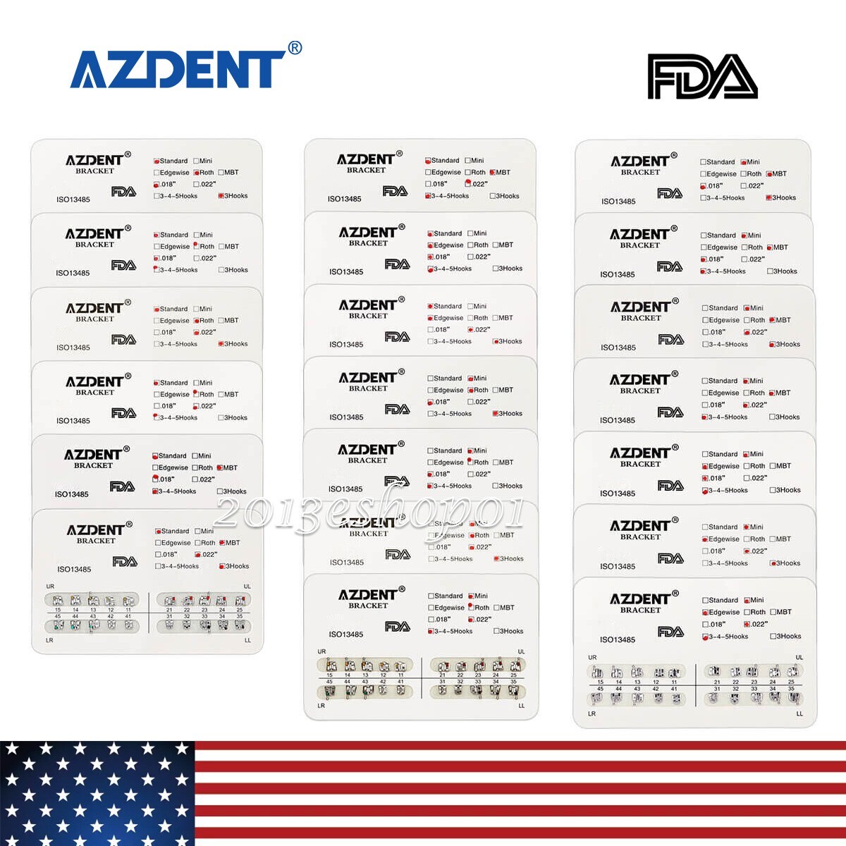 AZDENT 10X Dental Ortho Brackets Mini/Standard MBT/Roth Hooks 3 4 5/Bonding kit