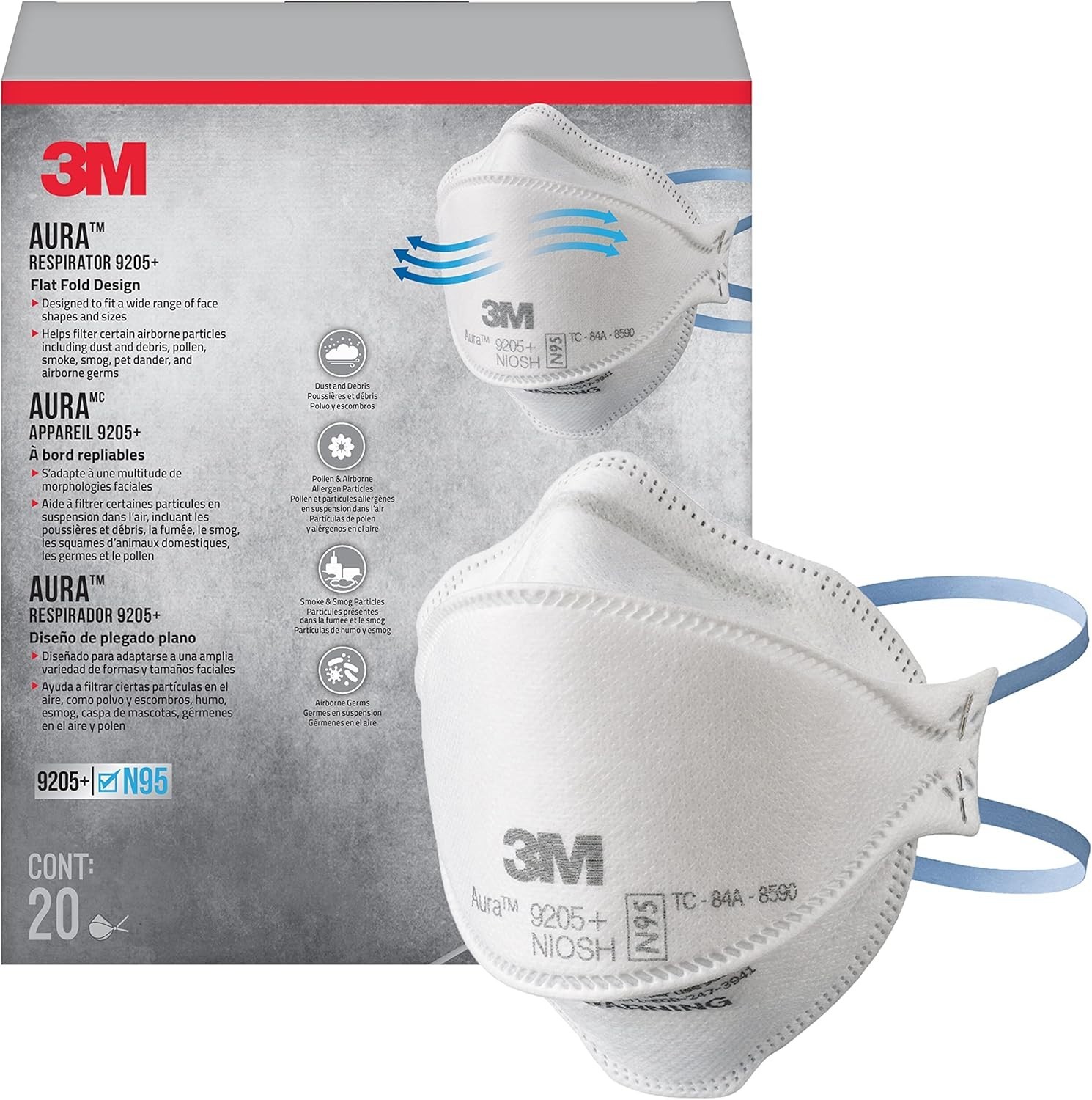 3M™ Aura™ N95 Particulate Respirator, 9205PH-20-DC, 2 Packs of 20 Respirators