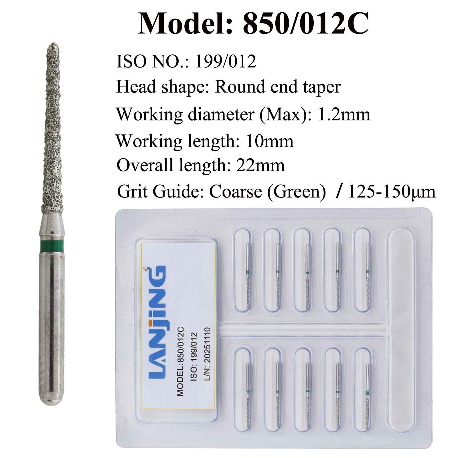 Dental Diamond Bur 850/012C Coarse FG Burs Round End Taper High Speed Burr 10/PK