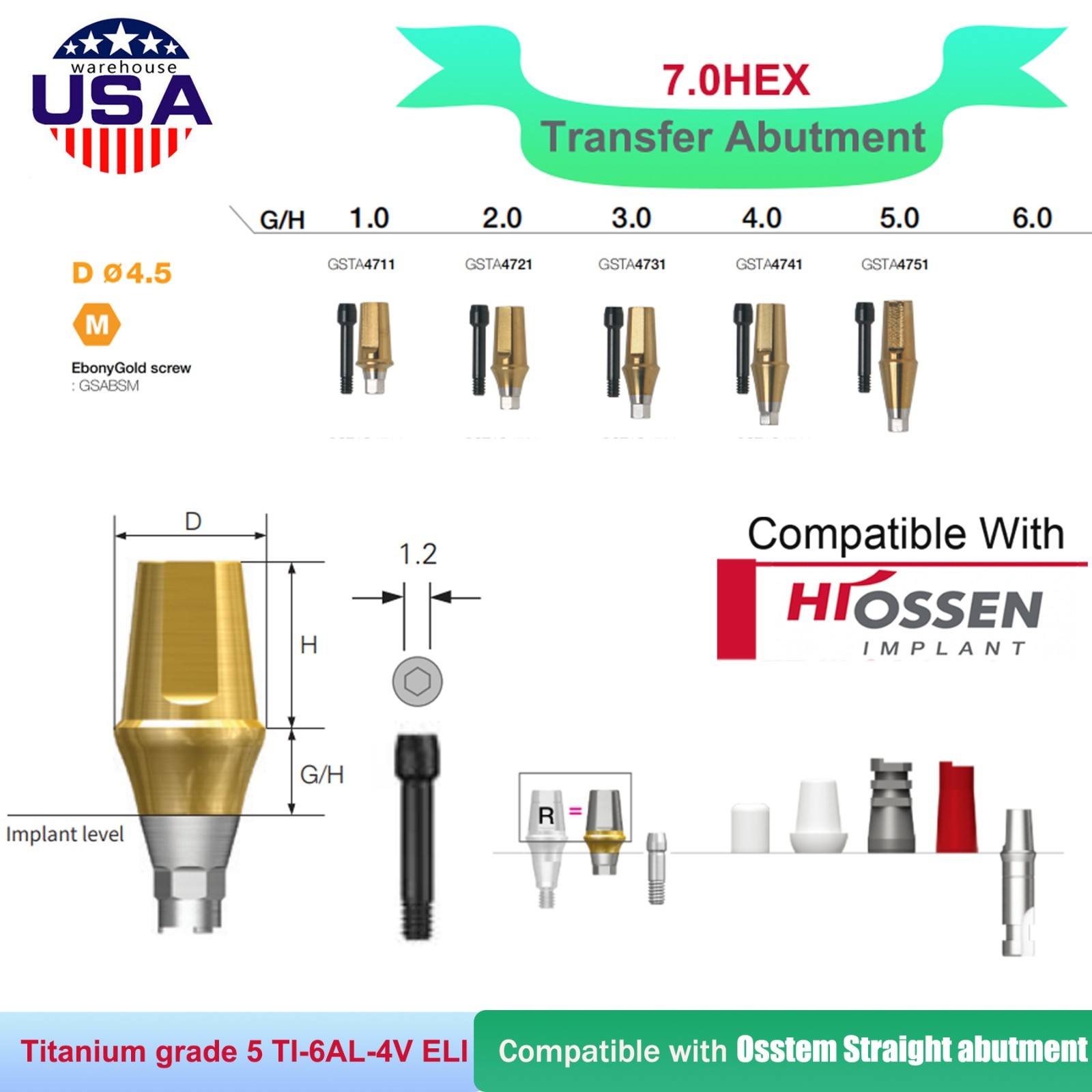 Straight Abutment Fit Osstem Hiossen ET Mini Regular Hex Implant Cement Retained