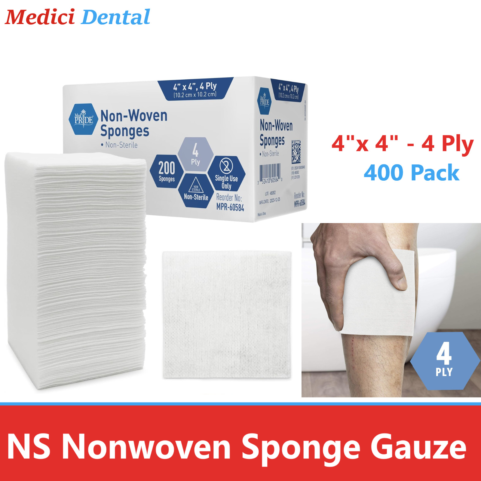 Non Woven Gauze Sponges 4 x 4 – Non-Sterile- 4-ply – 400/Pk Sponge Cotton Large