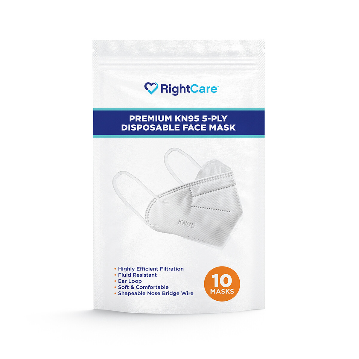 RightCare KN95 Protective Face Mask (Non-Medical), 5-Ply, 99% PFE, Case of 1000