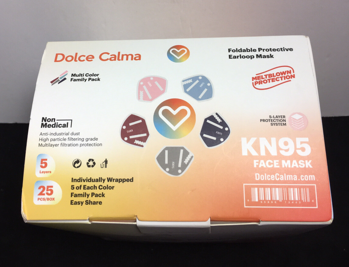 25 Pc KN95 DOLCE CALMA Protective 5 Layer FACE MASKS Disp. 5 Colors NIB