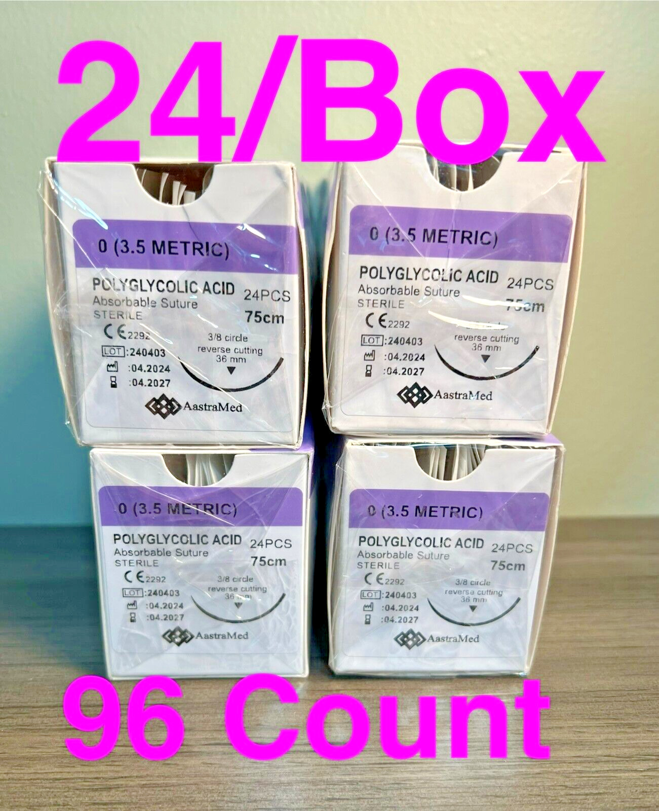 0/0 PGA Suture, 96ct (4 Boxes) Polyglycolic Acid, Veterinary Dental, R-cut 36mm