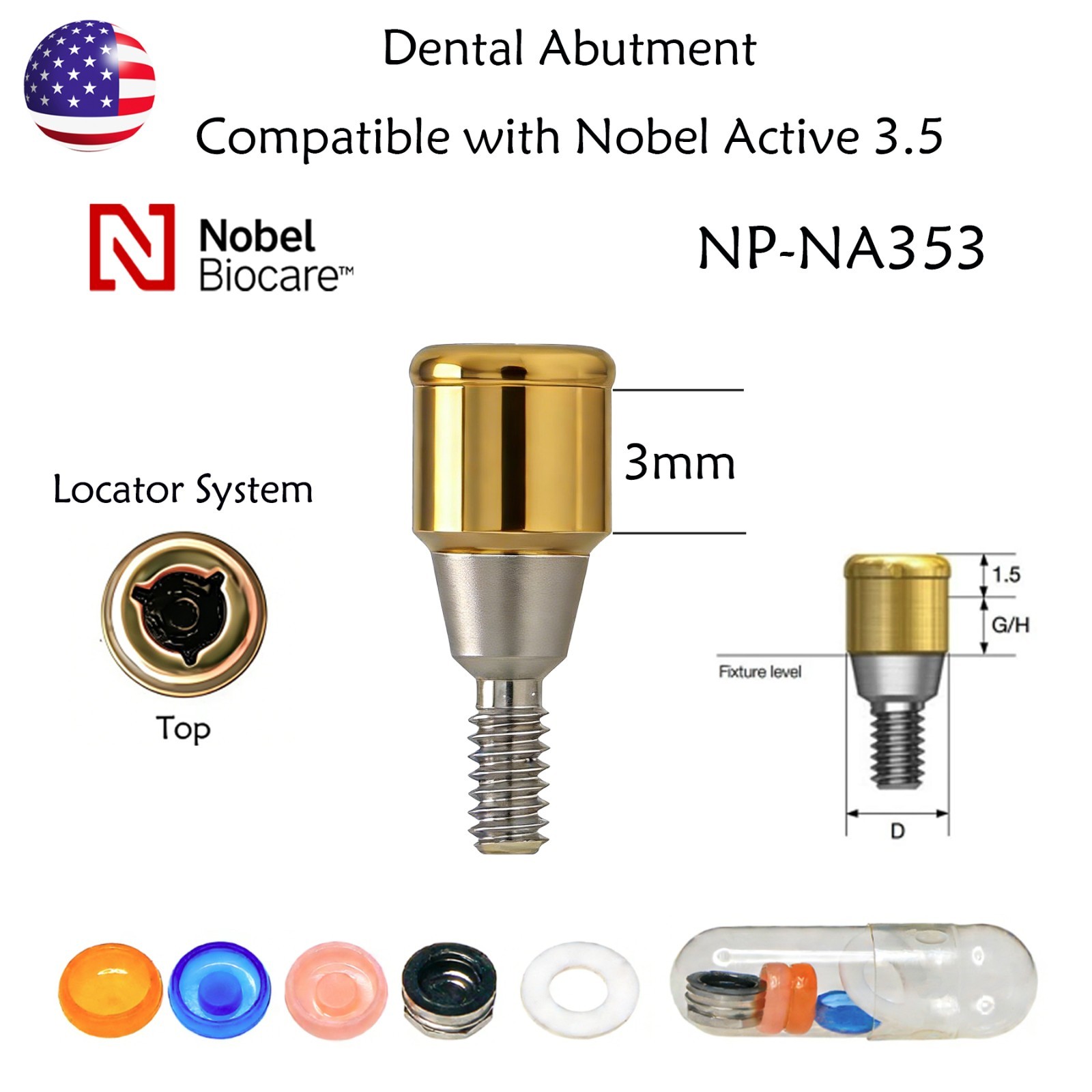 Nobel Biocare NP-NA353 Abutment Set 5 Grade Titanium, PEEK, 3mm, Retention Caps