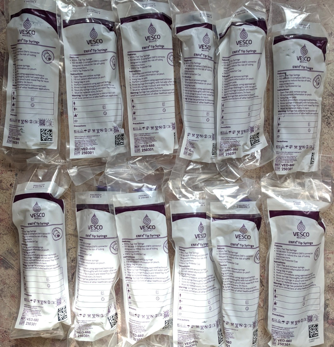 12 Pcs Vesco Medical ENfit Tip Syringes FlatTop 60ML (NEW/SEALED)